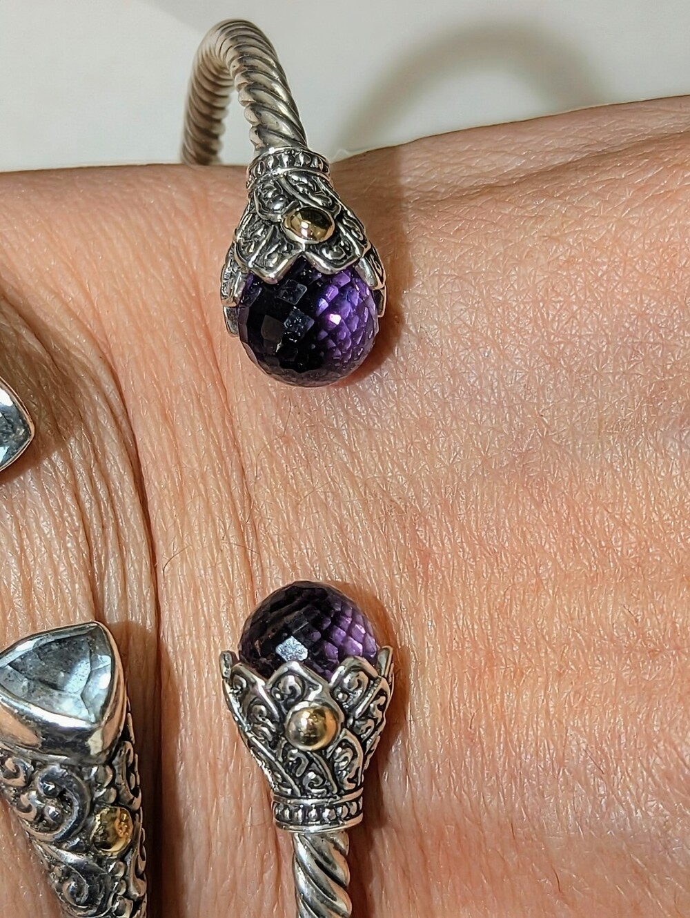 Faceted Amethyst Sterling Silver Bali Hinge Cuff with 18K Gold Accents - Picture 12 of 14